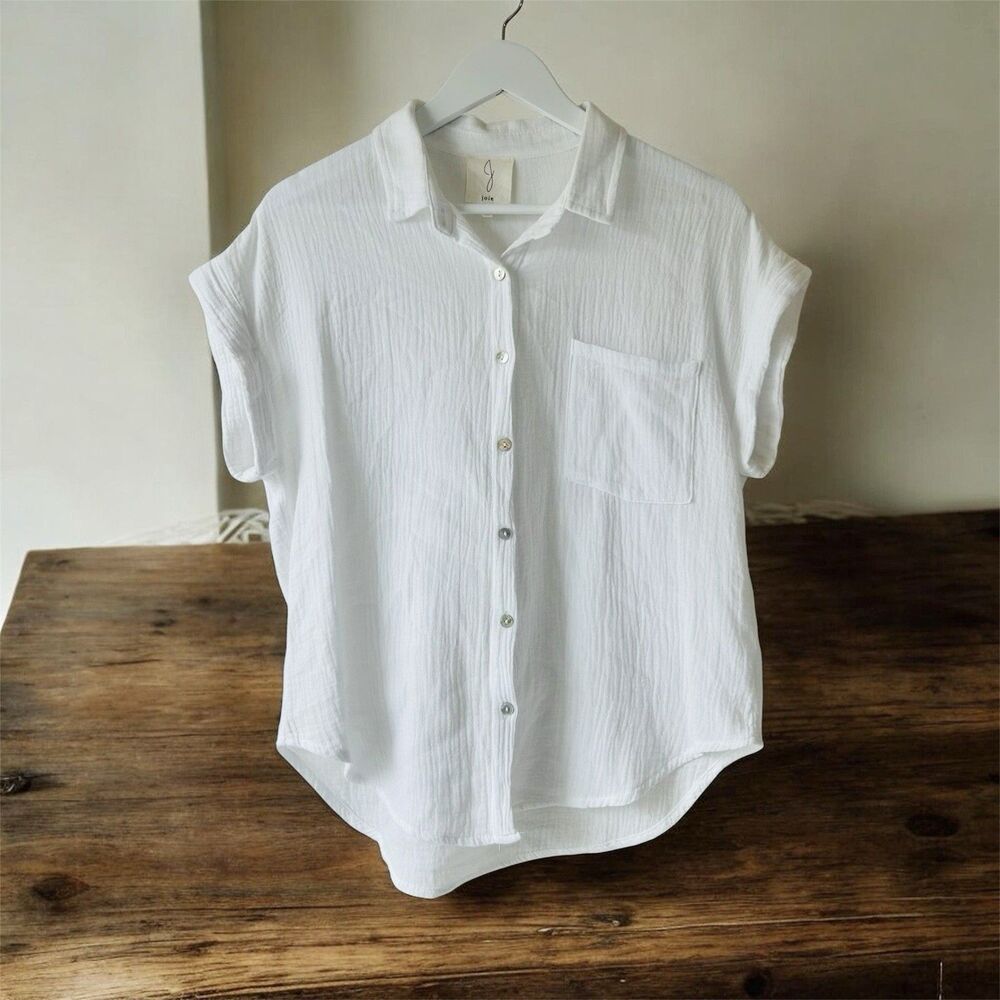 Joie White Gauzy Short Sleeve Button Down Shirt Blouse Size M Minimalist Neutral